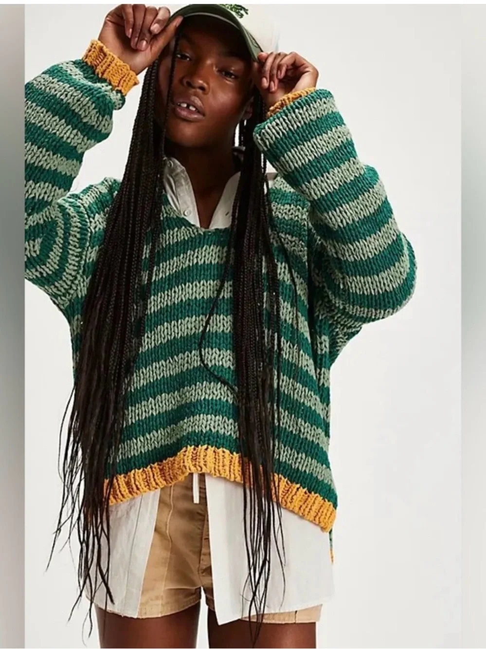Free People Green and Cream Striped Crewneck Sweater with Mustard Trim